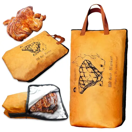 5-Layer Insulation BBQ Meat Resting Blanket, 21"x15"x8" Durable Brown Rectangular Aluminum Bag with Handle, Heat Retentive Less Than 1 lb Extra-Large Kitchenware Barbecue Utensil for Briskets, Pork Shoulders