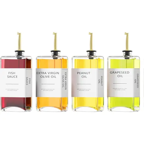 summerwins Aesthetic Gold 4-Pack Reusable Glass Oil Dispenser Set - Cooking Oil Container with Book-Design Utensils, Leak-Proof Easy-Pour Drip-Free Spouts, 4-Pack Convenience, Dishwasher Safe Kitchen Gadgets for Home Decor & Kitchen Use