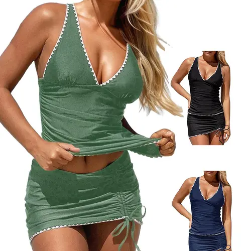 FISOEW Women's V-Neck Acrylic Tankini Swimsuit, 2-Piece Tummy Control Set with Strappy Top & High-Waist Drawstring Skort, Bathing Suit for Women, Strappy Tankini Top, Drawstring Waist Tankini