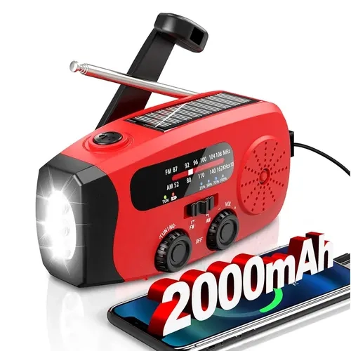 Portable Emergency Radio - [Upgrade] 2000mWh Lightweight ABS Solar Rechargeable, Hand Crank, Type-C Charging, AM/FM+NOAA Alerts, 3 Super Bright High Lumen 140lm Flashlights, SOS Alarm, Emergency Kit for Outages, Camping, Super Bright Flashlight, High Lume
