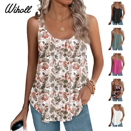 WIHOLL Women's Eyelet Embroidery Spaghetti Strap Scoop Neck Camisole Tank Tops - Basic Women's Fashion Clothes, Mixmatch with Jeans, Dressy Casual Chic Tops