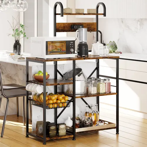 Walsunny 58'' Kitchen Coffee Rack Standing Bakers Shelf with Power Outlet, Kitchen Organizers Plant Storage Rack with 6 Hooks, Coffee Station Cabinet, Steel-Retro, Grey