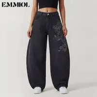 EMMIOL【Back to School】Women Hip Hop Baggy Jeans Wide Leg Mid-Low Waist Barrel Jeans Loose Boyfriends Jeans 90s Vintage Denim Pants casual comfy Cherry Blossom Embroidery Black Womenswear Summer Vibes SohoChic