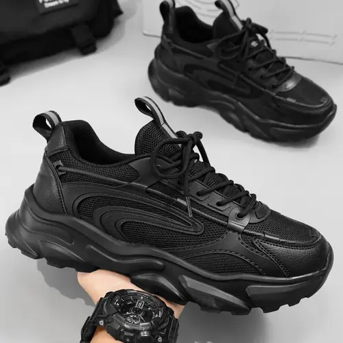 Men's Fashionable Patchwork Lace Up Low Top Sneakers, Casual Comfortable Breathable Running Sports Shoes, Male All-match Round Toe Chunky Sneakers for Daily Life, Trendy Running Shoes, Sporty Running Shoes