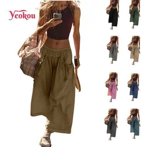 Yeokou Women's Plain Loose Wide Leg Athleisure Casual Trousers - Boho Sport Style, Casual Elastic Waisted, Drawstring, Pockets, Capri Hiking Parachute Pants,summerwins,summeroutfits,vacationoutfits,beachoutfits