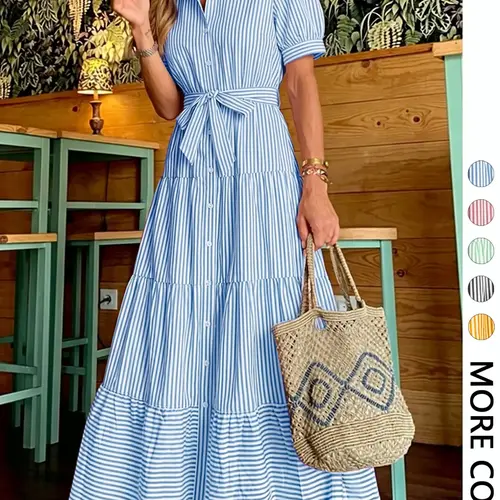 Women's Striped Print Adjustable Belted Button Dress, Elegant Chic Casual Fashion Long Dress for Summer, Breathable Lightweight Dress, Women's Clothing for Daily Wear, Fit, Womenswear, Maxi