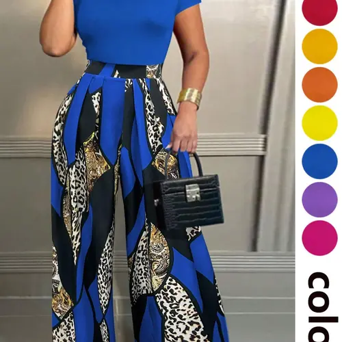 Women's Solid Color Tee & Wide Leg Pants Two-piece Set, Matching Outfit Set, Casual Style Set, Casual Fashion Cozy Fitted Short Sleeve Round Neck T-shirt & Trousers for Daily Outdoor Wear, Ladies Summer Clothes, Womenswear, Print, Animal Print Set