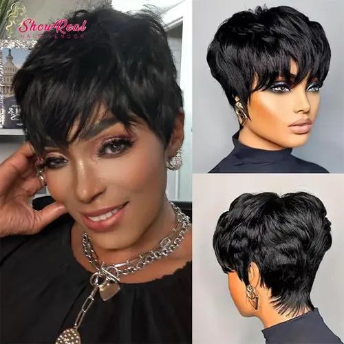 ShowReal 036 Pixie Short Pixie Cut Wigs Short Straight Brazilian Human Hair Wigs With Bangs Ready To Go Natural Black Color Full Machine Made Wig 4 Inch Size#SohoChic #TikTokShopBackToSchool#DealsForYouDays