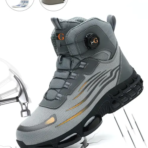 MELLOWMILES Men's Black Mid-Cut Steel Toe Work Boots - Lace-Free Rotary Buckle, Puncture-Proof, Smash-Proof, Non-Slip, Cushioned TPU Round Toe Safety Shoes for Construction, Factory Work Wear, Fathersdaygift