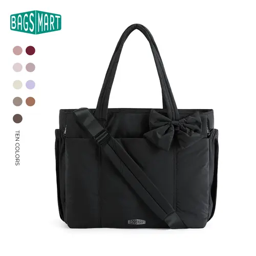 BAGSMART Crush Bow Tote Bag for Women, Large Work Tote Bags, Lightweight Travel Tote Bag, 15.6" Laptop Puffy Tote Bag with Removable Bow & Multiple Compartments for Travel Work Beach Gym 20L Capacity sohochic