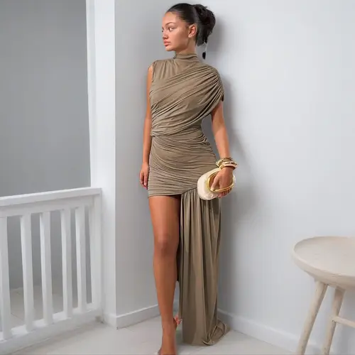 Asymmetric One-Shoulder Ruched Bodycon Mini Dress 2025 Summer Fall Sexy Party Night Club Dating High-Low Dress With Trendy Y2K Fashion Beach Vacation Outfits Dresses summerwins