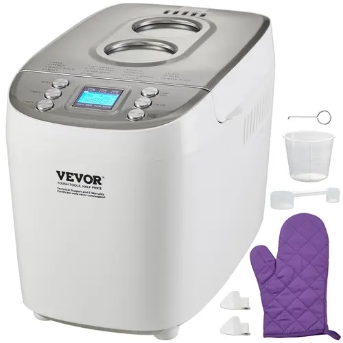 【Back to School】VEVOR Digital Bread Maker (Kitchen Appliances), 15-in-1 3LB Nonstick Ceramic Pan Dough Machine, Programmable with Gluten Free Setting, Whole Wheat Bake, Multi-Size Loaves, 3 Crust Colors, Delay Timer, Digital Display, White, Teflon