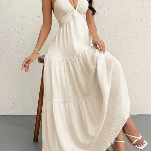 Women's Waist-Cinching Long Dress with Sleeveless V-Neck Look, Ruched Layered Loose A-Line Boho Beach Sundresses Summer Beach Dress with Back Bow, Casual Comfortable Elegant Chic Style