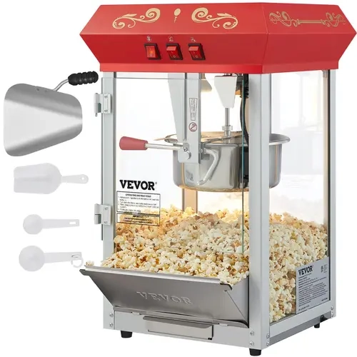 【Backtoschool】VEVOR Commercial Popcorn Machine, 8 Oz Kettle, 850 W Countertop Popcorn Maker for 48 Cups per Batch, Theater Style Popper with 3-Switch Control Steel Frame Tempered Glass Doors 1 Scoop 2 Spoons, Red