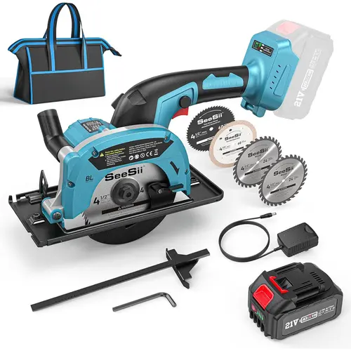 Cordless Mini Circular Saw, SeeSii 4-1/2" Electric Compact Circular Saw with 4.0Ah Battery, 5380RPM, 4 Saw Blades, Rip Guide, Max Cutting Depth 1-11/16"(90°), 1-1/8"(45°) for Wood, Plastic, Soft Metal TCS115A CS410B