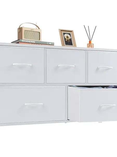 Sweetcrispy 5-Drawer Fabric Storage Tower - Solid Stable Multifunctional Cupboard Cabinet Dresser with Fabric Bins, Ideal for Bedroom, Furniture for Small Spaces, Dorm Room Ideas, Rental Room Upgrade, Organization Tips