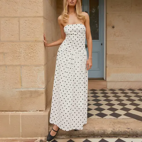 Women‘s Boho Maxi Strapless Dress Stylish Dot Print/Floral Print Sleeveless Tube Long Dress for Summer Vacation Beach
