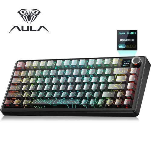 Aula F75 MAX Wireless Mechanical Keyboard, 75% Layout Gasket Model with TFT Screen, Knob, Hot Swappable RGB Backlight, Multimedia Scroll Wheel, Creamy Design for PC, Creamy Keyboard