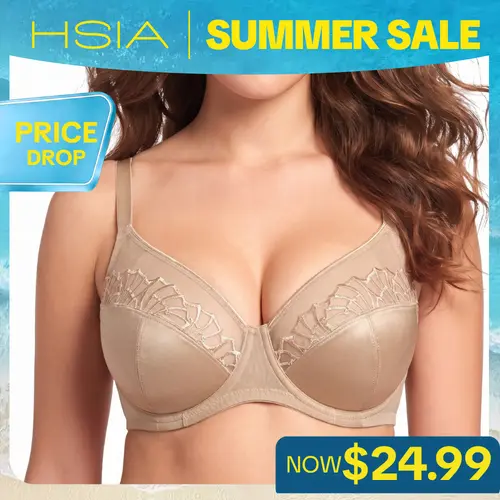 HSIA Pearl Shimmer Plus Size Up to J/K/L Cup Unlined Scalloped Embroidery Full Coverage Comfort Underwire Non-Padded Minimizer Bra for Big Busted Women