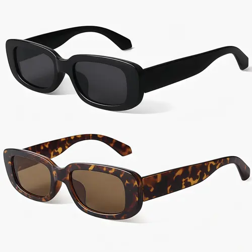 EUNOIALENS Women's Rectangular Sunglasses - 2-Piece High Quality Light Plastic UV400 Protection Narrow Full Rim Retro 90s Street Style Classic Casual Eyewear, Easy to Carry Stylish Accessories