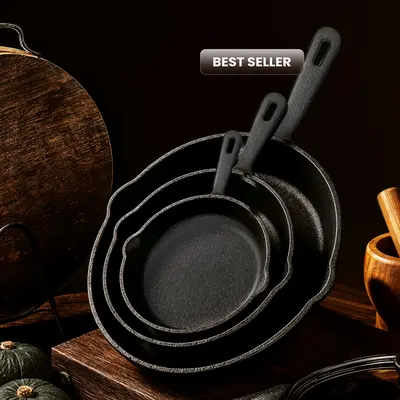 Utopia Kitchen 3-Piece Pre-Seasoned Black Cast Iron Cookware Set - 6", 8", 10-Inch Skillets, Cooking Pans, Durable Kitchen Supplies, Oven-Stove Safe, Easy to Use, Handwash Only