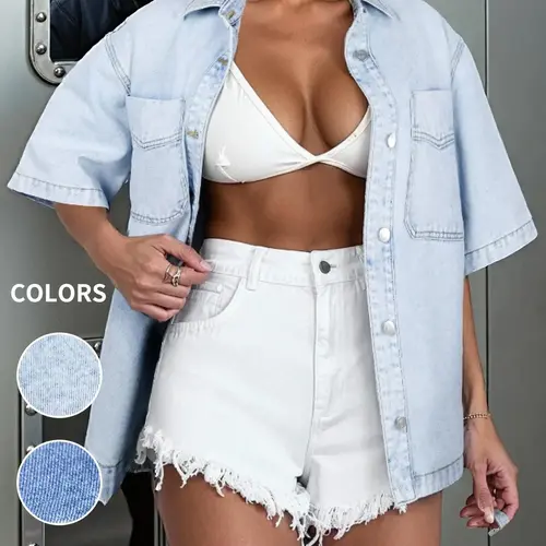 Short Sleeve Light Wash Denim Jacket for Women, Classic Casual Button Down Denim Jacket with Chest Pockets, Fashion Women's Clothing for Daily Wear, Everyday Vintage Western Trucker Jacket Coats