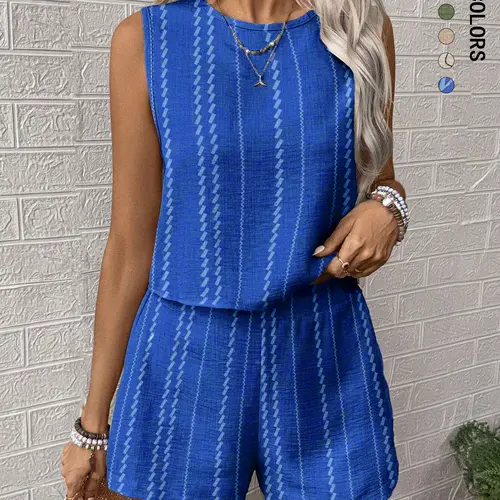 Women's Striped Two-Piece Set, Sleeveless Round Neck Crop Tank Top and Shorts, Ladies Clothes for Daily Wear, Summer Matching Set