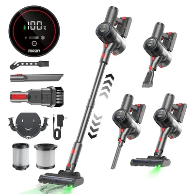 Prasky Cordless Vacuum Cleaner - Household Appliances, 42Kpa Powerful Suction, 380W Brushless Motor, 8-in-1 Lightweight Handheld, 50min Long Run, Removable Battery, Extra-Large Dustbin, Bends 90°, Blue Light=Low Mode, For Pet Hair, Carpets,sohochic
