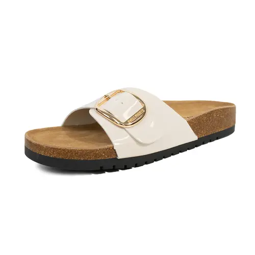 EVELLYHOOTD Women Soft Genuine Suede Insole Cork Footbed One-Strap Big Buckle Clogs Women Sandals with Arch Support Comfort Buckle Design Flat Slippers for Summer