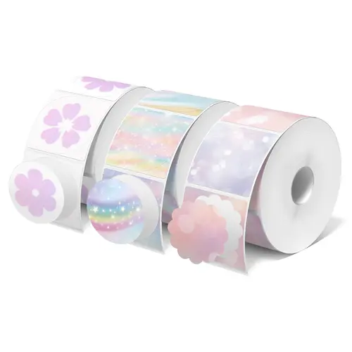 JADENS 2-Inch Round Direct Thermal Stickers Label Set, Eco-Friendly BPA-Free Self-Adhesive Waterproof Thermal Paper, 3-Color Set (Rainbow, Floral, Bubble), 750 Sheets/Roll 3-Roll Pack for Business Branding Stickers, Compatible with Jadens/Asprink Printers