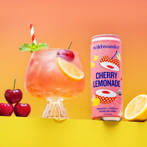 wildwonder Sparkling Probiotic Prebiotic Soda Beverage - Cherry Lemonade Sparkling Citrus, 5g Prebiotic Fiber, Live Probiotics, Organic, Vegan, Low Sugar, 12oz Can, Summer Fruit Drink for Gut & Immune Support Summer Sweet Drinks