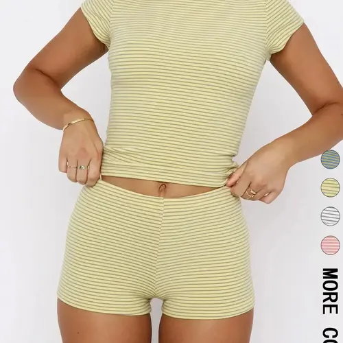 Women's Casual Loungewear Striped Top & Shorts Set, Slim-Fitting Crop/t-Shirt Combo, All-Season Plain Style, Perfect for Daily Wear, Pajama Set, Loungewear Sets, Womenswear