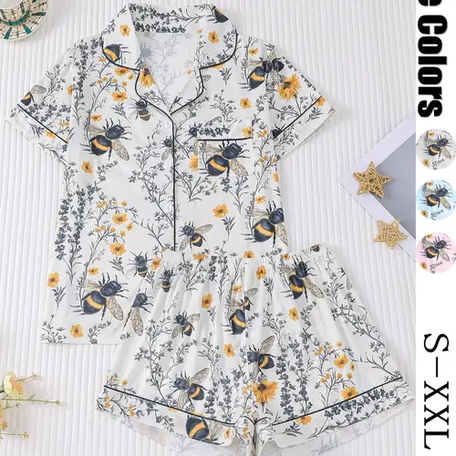 Women's All Over Plants & Bee Print Short Sleeve Pajama Two-piece Set, Loungewear, Loungewear Pjs Set, Elegant Casual Comfy Button Front Pocket Design Lapel Neck Top & Elastic Waist Shorts PJ Set, Ladies Sleepwear for All Seasons