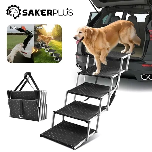 Sakerplus 5-Step Foldable Dog Stairs for Cars, Extra Wide 19'' with Non-Slip Surface, Portable Pet Steps for SUV/Truck/High Beds, Supports Up to 200 lbs