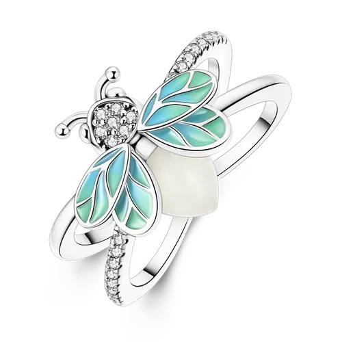 MULA Glowing Firefly Ring | S925 Silver-plated, Glowing Beads, Zircon, and Color-Changing Enamel | Fluorescent Jewelry Inspired by Insects | The Perfect Gift for Nature Lovers, Zirconia, Rings For Women