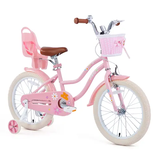 JMMD Durable Girls' Bike for 4-12 Years (12-24in) - Steel Frame, Adjustable Parts, Training Wheels, Hand Brake, Coaster Brake, Kickstand Parking, Basket, Doll Seat, Fully Enclosed Chain Guard, Multiple Colors for Kids' Riding,sohochic
