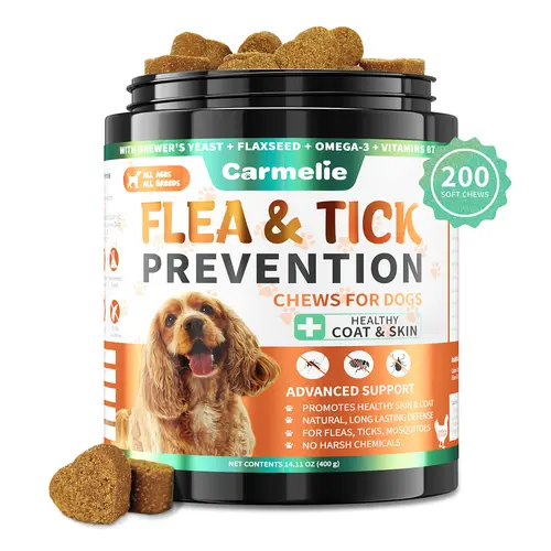 Carmelie Natural Flea & Tick Support Soft Chew Treats for Dogs - 200 Chicken Flavor Puppy-Safe Chews, All Breeds & Sizes, Brewer’s Yeast Boost, Healthy Skin & Coat Support, 1-4pcs #BackToSchool #SoHoChic