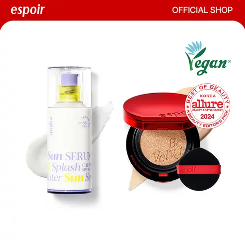 [Espoir Official][Bundle] Water Splash Sun Serum SPF 50+ & Be Velvet Cover Cushion Foundation | Hydrating Sunscreen Base & Full Coverage Cushion