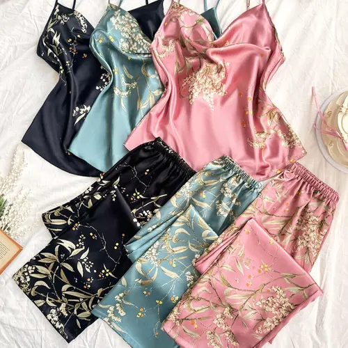 Women's Plant Print Floral Spaghetti Strap Cami Top & Pants Matching Pyjama Set, Soft Faux Satin Comfortable Elegance Coordinated Loungewear Set, Casual Comfy Camisole & Trousers Pj Set, Women's Sleepwear Pajamas for All Seasons, Womenswear