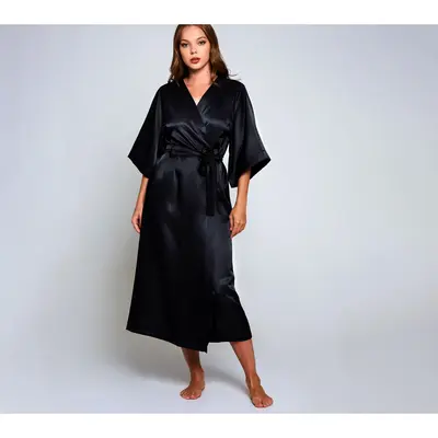 iCollection Satin Glossy Long Robe in Onyx Black