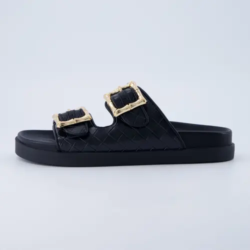 Cushionaire Women's Loft Quilted Slide Sandal – Double Buckle Slip-On Footbed Sandal with Woven Detail, Adjustable Straps & Memory Foam