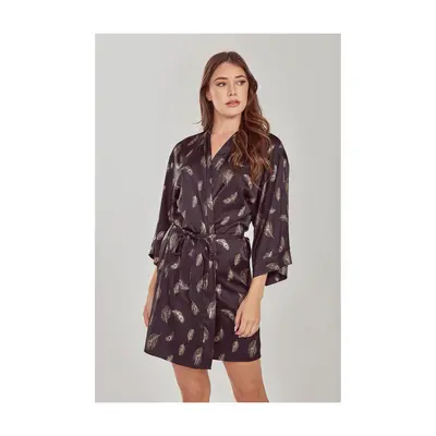 iCollections Foil Feather Print Short Tie-Waist Robe
