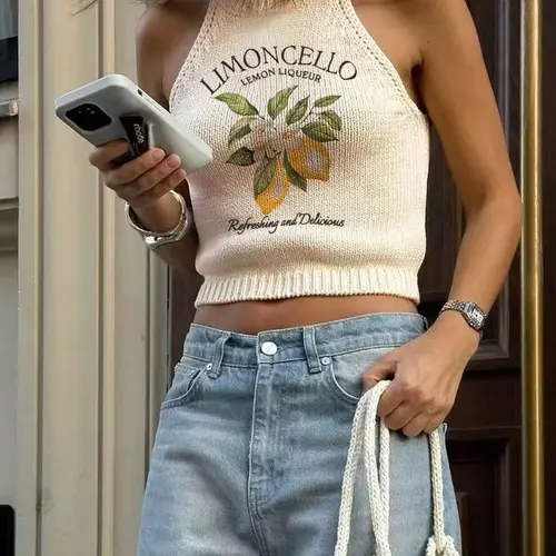 Women's Lemon Print Round Neck Crop Sweater Vest, Casual Sleeveless Fitted Knit Cropped Tank Top Crop Tops for Summer, Fashion Women's Knitwear for Daily Wear