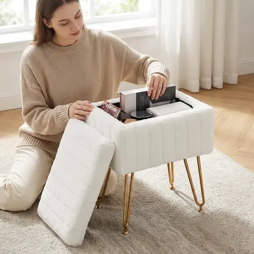 Sweetcrispy Single Upholstered Vanity Stool Chair with Storage - Multifunctional Faux Fur Soft Padded Ottoman, Bedroom Decor Footrest for Home Coffee Table Entryway