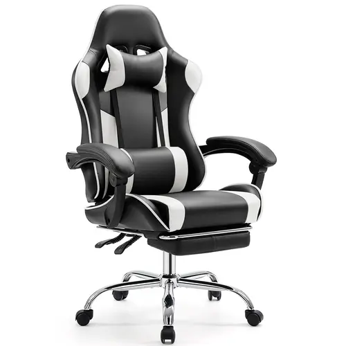 Sweetcrispy PC Gaming Chair - Computer Gaming Chair, PU Leather Height-Adjustable Desk Seat with 360° Swivel, Fixed-Up Armrests, Footrest, Lumbar Support and Headrest Recliner