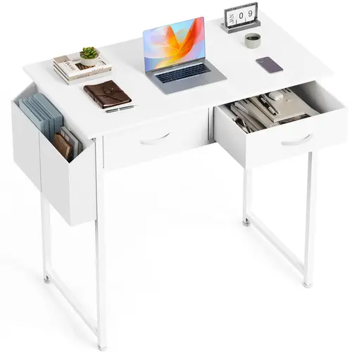 Sweetcrispy Multi-Functional Modern Wood Desk with Drawers - Home Office Furniture, Laptop PC Desk for Home Bedroom, Writing Study Table with Storage Space, Fabric Side Bag, Headphone Hook, Metal Frame, Adjustable Feet