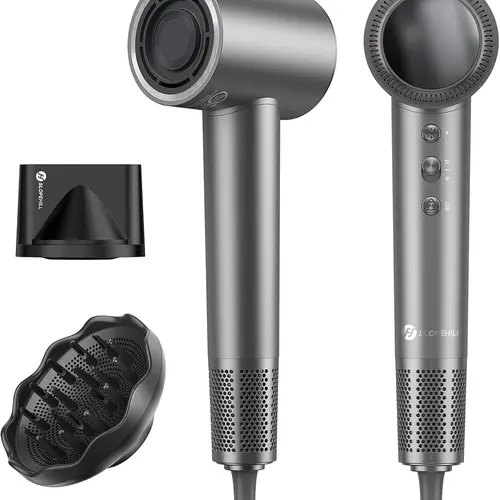 Slopehill Ionic High-Power Hair Dryer Kit - 110000 RPM High-Velocity Fast Drying, Low Noise, Lightweight, Intelligent Temp Control, Diffuser for Blowout, Curly Hair Curl Routine Bouncy Curls, Compact Black Grey Home/Travel Appliance, MothersDay Gift