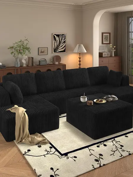 Niccae 2-Pack Upholstered Corduroy Cloud Sectional Sofa - 132-Inch U-Shaped Boneless Couch, Frameless Ottoman, No-Assembly Compressed Multi-Person Living Room Apartment Furniture, Upholstered Sofa Couch,dorm essentials,home decor,sohochic