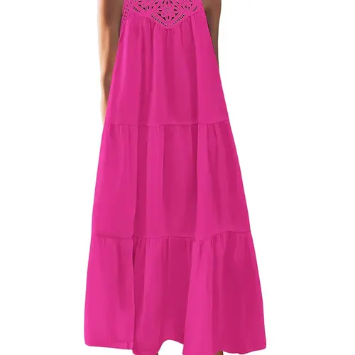 BTFBM Summer Halter Dresses for Women 2026 Casual Spring Hollow Out Sleeveless Boho Sundresses Beach Vacation Maxi Dress