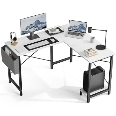 Sweetcrispy L-Shaped Computer Desk with Side Bag and CPU Stand, Dual Monitor Gaming Desk for Home Office and Bedroom